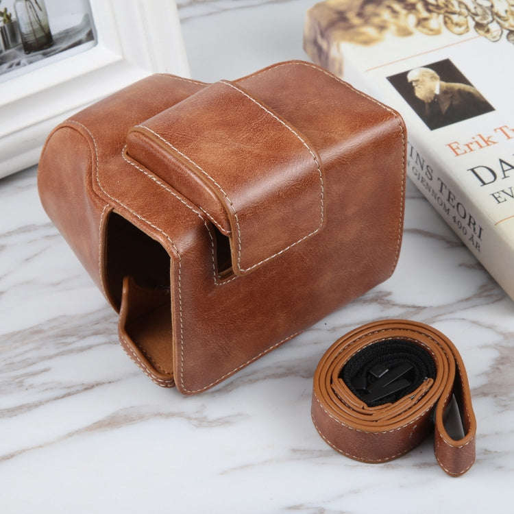 For Canon EOS R10 Camera Full Body Magnetic Leather Camera Case Bag with Strap(Brown)
