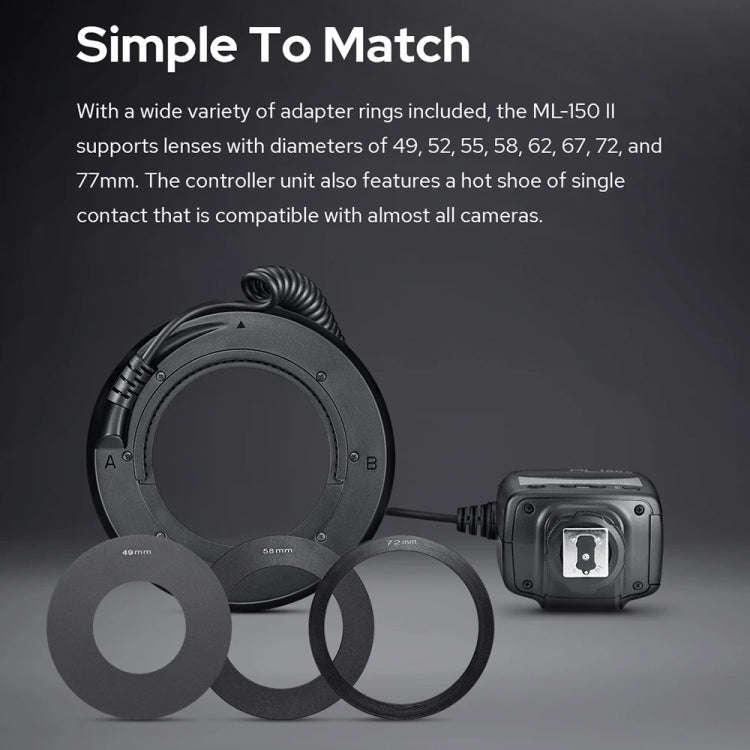 Godox ML-150II On-camera Macro Ring Flash Light with 8 Different Size Adapter Rings (Black)