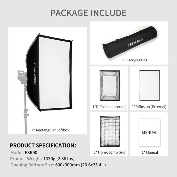 FEELWORLD FSR90 60x90cm Rectangular Softbox Quick Release Bowens Mount Diffuser