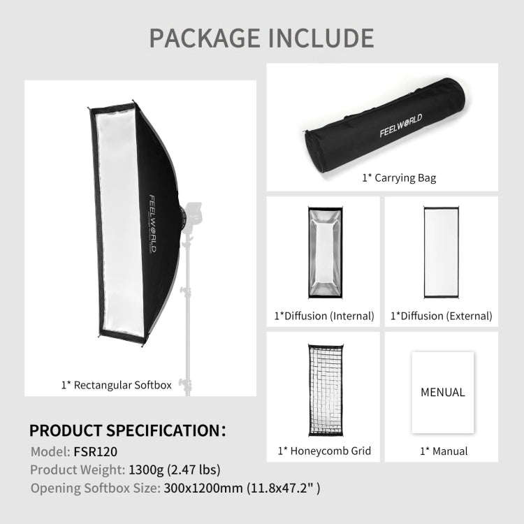 FEELWORLD FSR120 30x120cm Rectangular Softbox Quick Release Bowens Mount Diffuser
