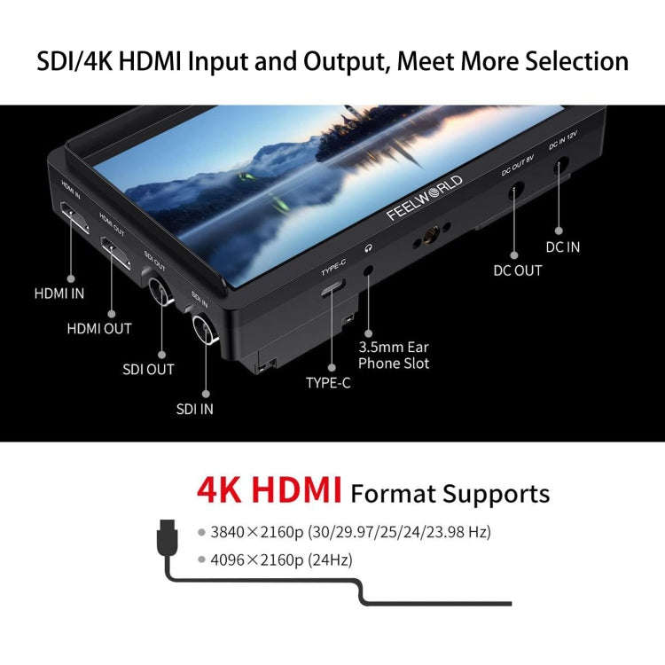 FEELWORLD FW568S 6 Inch On-camera Monitor FHD IPS 3G-SDI 4K HDMI F970 External Power and Install ...
