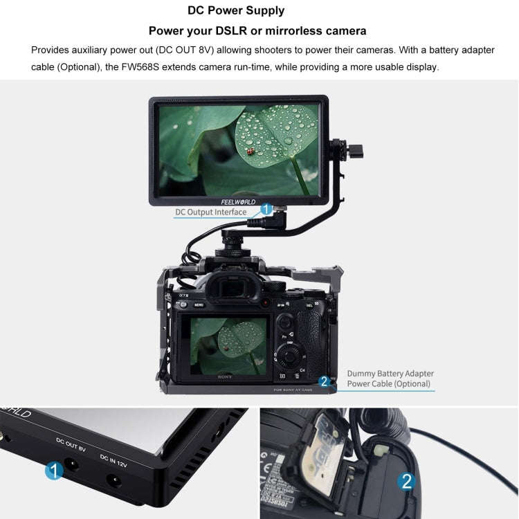 FEELWORLD FW568S 6 Inch On-camera Monitor FHD IPS 3G-SDI 4K HDMI F970 External Power and Install ...