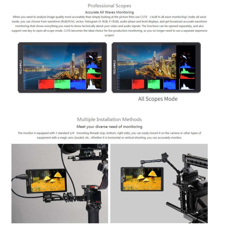 FEELWORLD CUT6 6-inch Touch Screen Monitor Recorder FHD IPS 4K HDMI Camera Field Monitor (Black)