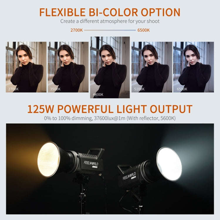 FEELWORLD FL125B 125W Bi-color Point Source Video Light, Bluetooth APP Control(UK Plug)