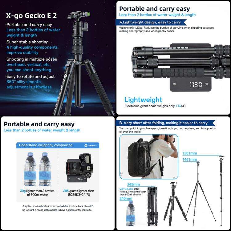 Fotopro X-go Gecko E 2 5-Section Aluminum 2 in 1 Tripod Monopod (Black)