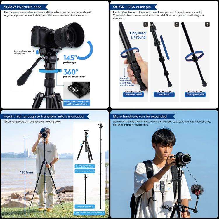 Fotopro X-go Gecko E 2 5-Section Aluminum 2 in 1 Tripod Monopod (Black)