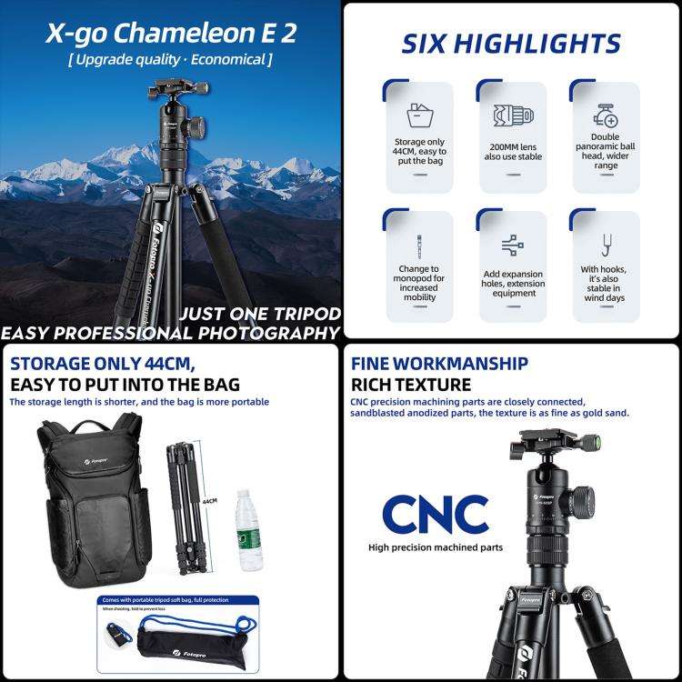 Fotopro X-go Chameleon E 2 4-Section Aluminum 2 in 1 Tripod Monopod (Black)