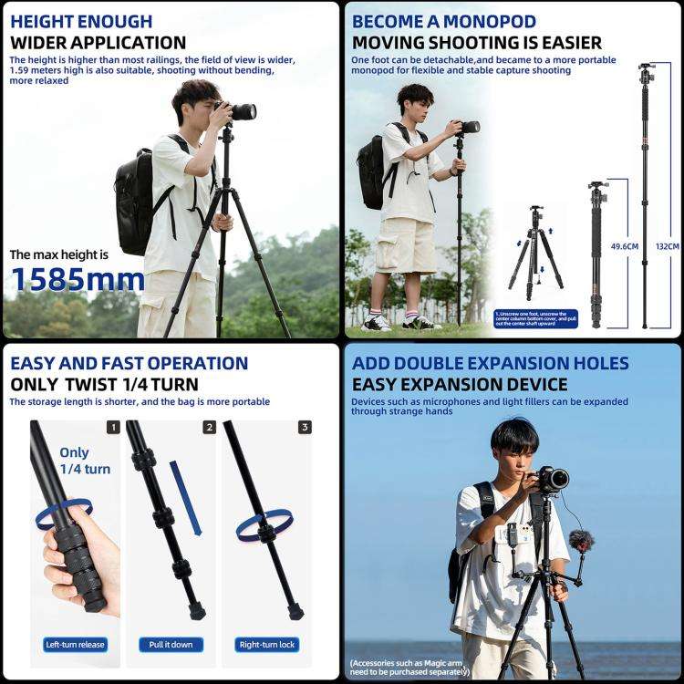 Fotopro X-go Chameleon E 2 4-Section Aluminum 2 in 1 Tripod Monopod (Black)