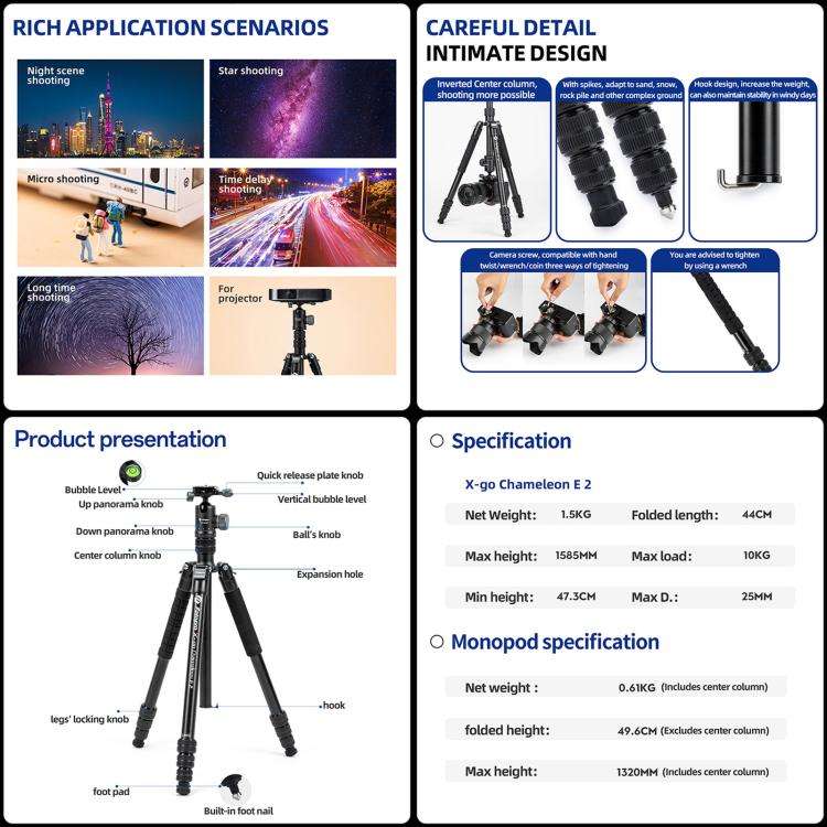 Fotopro X-go Chameleon E 2 4-Section Aluminum 2 in 1 Tripod Monopod (Black)