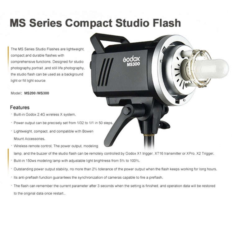 Godox MS300 Studio Flash Light 300Ws Bowens Mount Studio Speedlight (EU Plug)