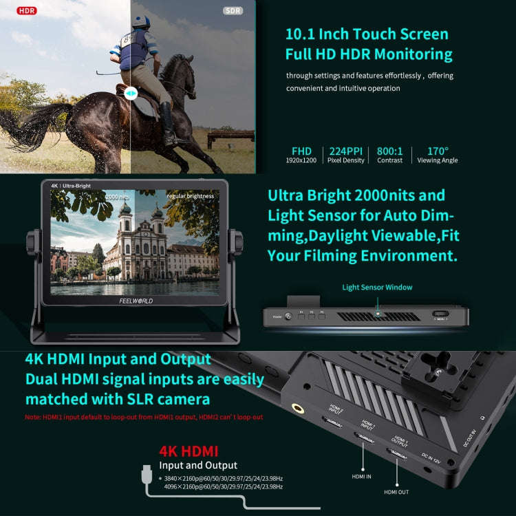 FEELWORLD LUT11H 10.1 Inch Ultra Bright 2000nit DSLR Camera Field Monitor Touch Screen 4K HDMI F9...