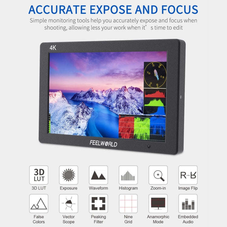 FEELWORLD T7 PLUS 7 inch 3D LUT DSLR Camera Field Monitor with Waveform 4K HDMI Aluminum Housing ...