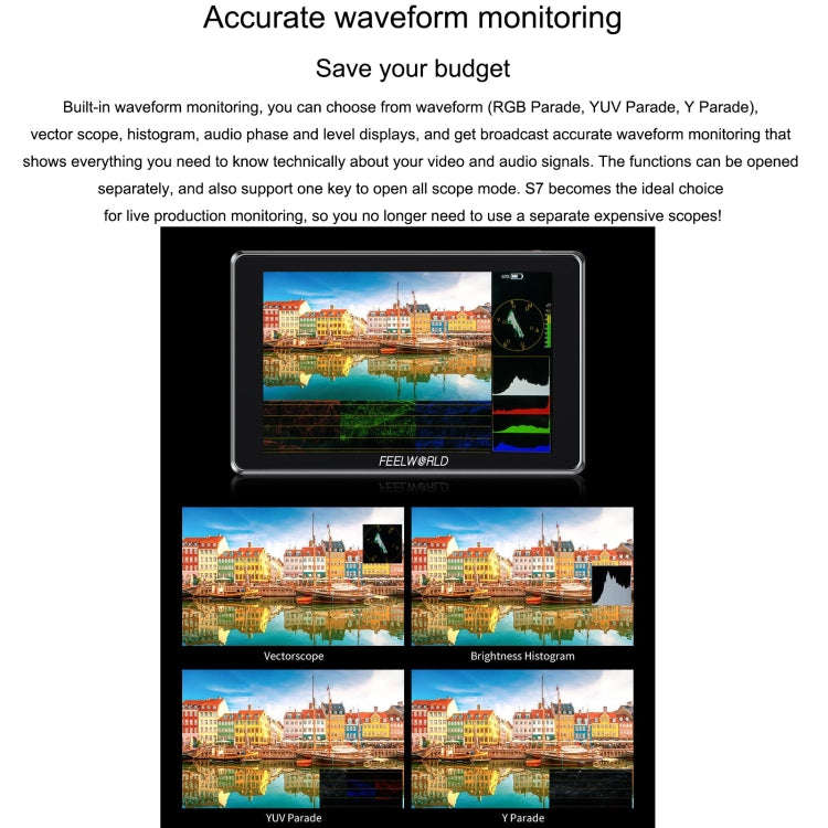 FEELWORLD S7 7-inch 12G-SDI HDMI2.0 Camera Field Monitor High Brightness1600nit Touchscreen (Black)