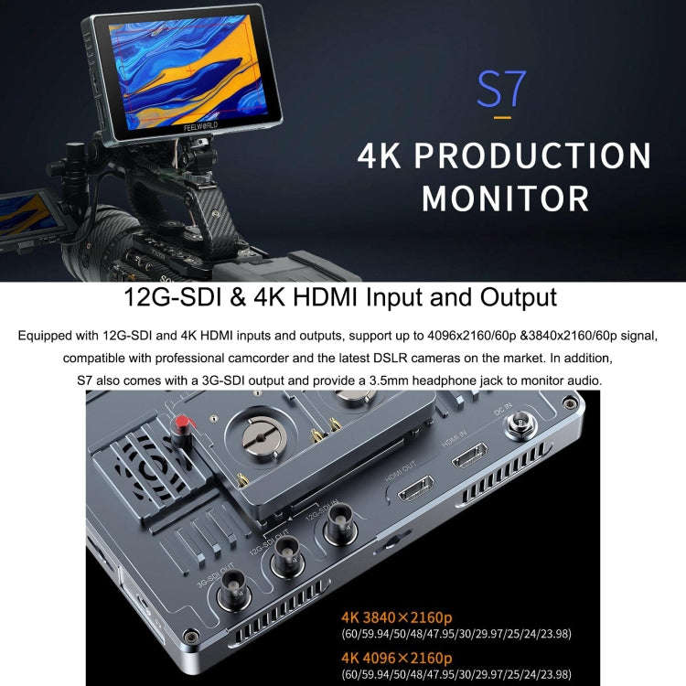 FEELWORLD S7 7-inch 12G-SDI HDMI2.0 Camera Field Monitor High Brightness1600nit Touchscreen (Black)