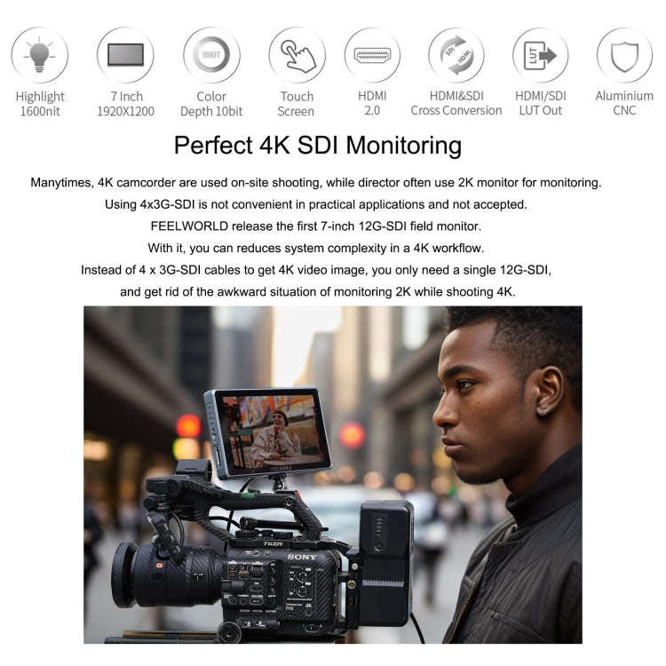 FEELWORLD S7 7-inch 12G-SDI HDMI2.0 Camera Field Monitor High Brightness1600nit Touchscreen (Black)