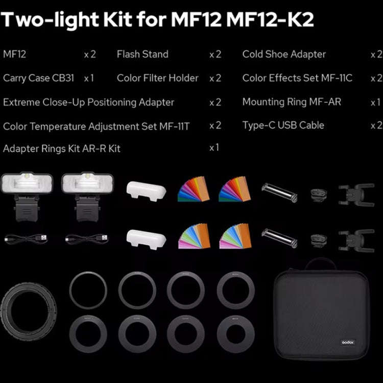 Godox MF12-K2 Macro Flash 2-Light Kit 2.4 GHz Wireless Control Light (Black)