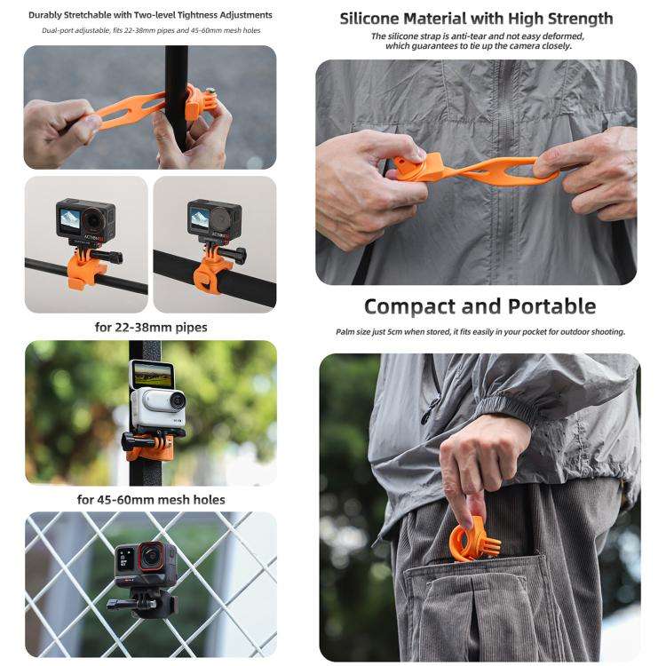 Sunnylife Action Camera Flexible Mount 360 Strap Wrap Band Mount Bike Tube Clip Holder (Orange)