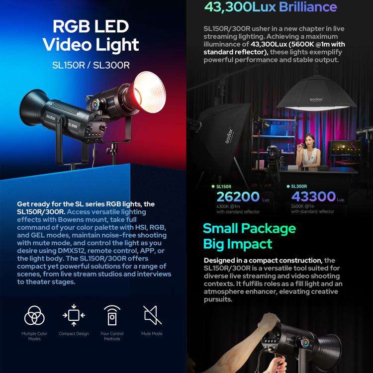 Godox SL300R RGB LED Video Light 310W CRI/TLCI 97+ COB Monolight Bowens Mount Studio Photo Light ...