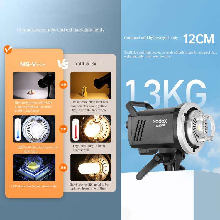 Godox MS300-V Studio Flash Light 300Ws Bowens Mount Strobe Light with Lamp Cover (US Plug)