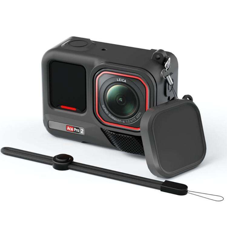 For Insta360 Ace Pro 2 Silicone Protective Case with Wrist Strap & Lens Cover (Black)