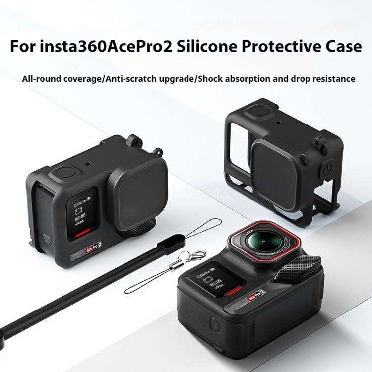 For Insta360 Ace Pro 2 Silicone Protective Case with Wrist Strap & Lens Cover (Black)