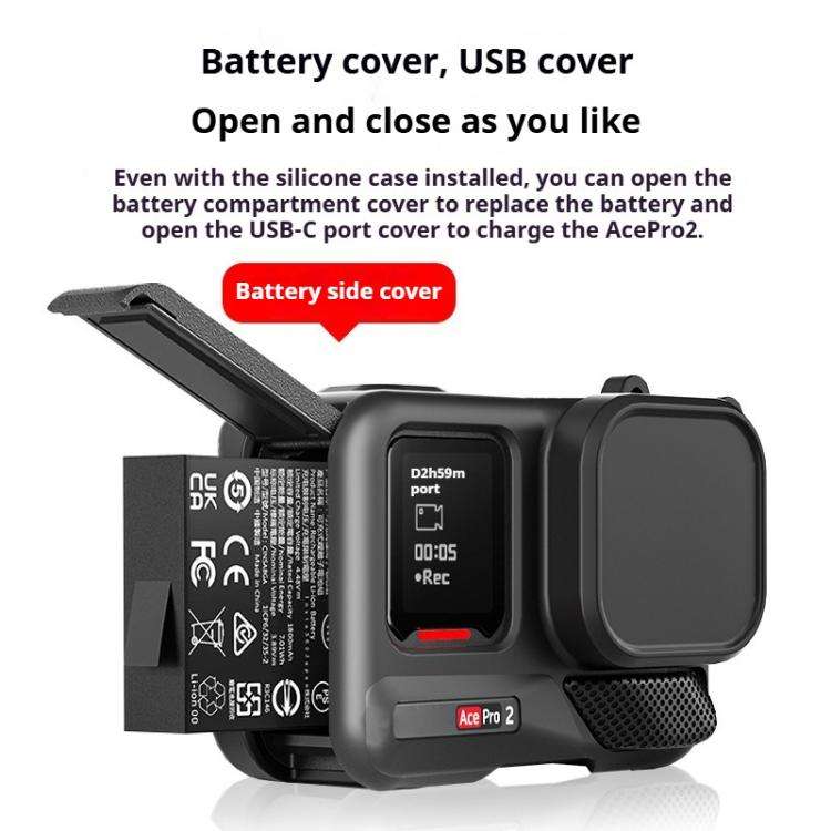 For Insta360 Ace Pro 2 Silicone Protective Case with Wrist Strap & Lens Cover (Black)