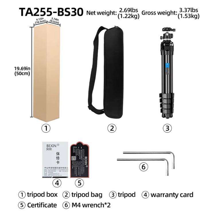 BEXIN TA255-BS30 Portable Collapsible Aluminum Alloy Camera Tripod with Head (Black)
