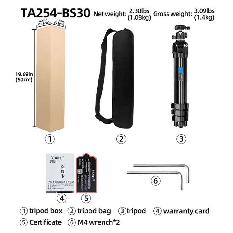 BEXIN TA254-BS30 Portable Collapsible Aluminum Alloy Camera Tripod with Head (Black)
