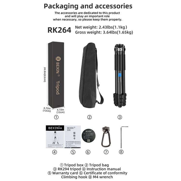 BEXIN RK264 Portable Collapsible Aluminum Alloy Camera Tripod (Black)
