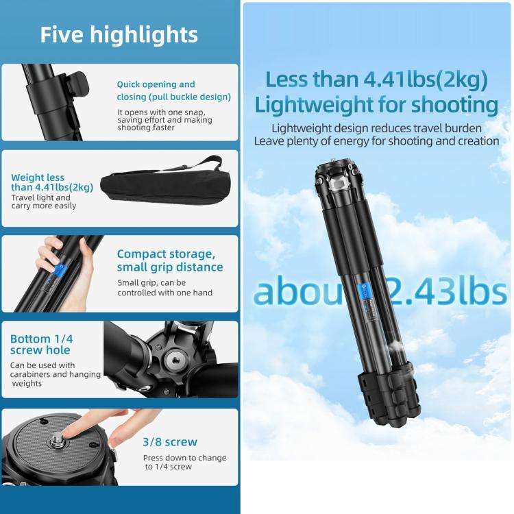 BEXIN RK264 Portable Collapsible Aluminum Alloy Camera Tripod (Black)