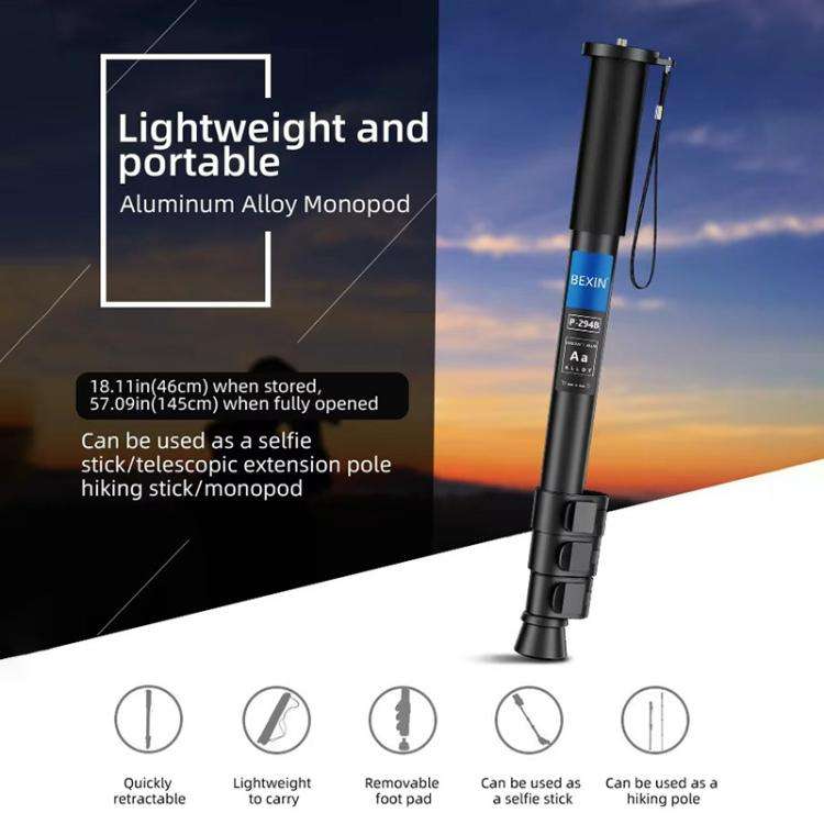 BEXIN P294B Portable Travel Outdoor DSLR Camera Aluminum Alloy Monopod Holder (Black)
