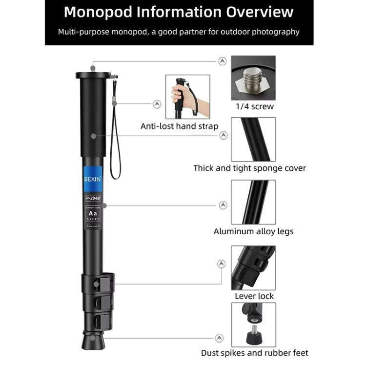 BEXIN P294B Portable Travel Outdoor DSLR Camera Aluminum Alloy Monopod Holder (Black)