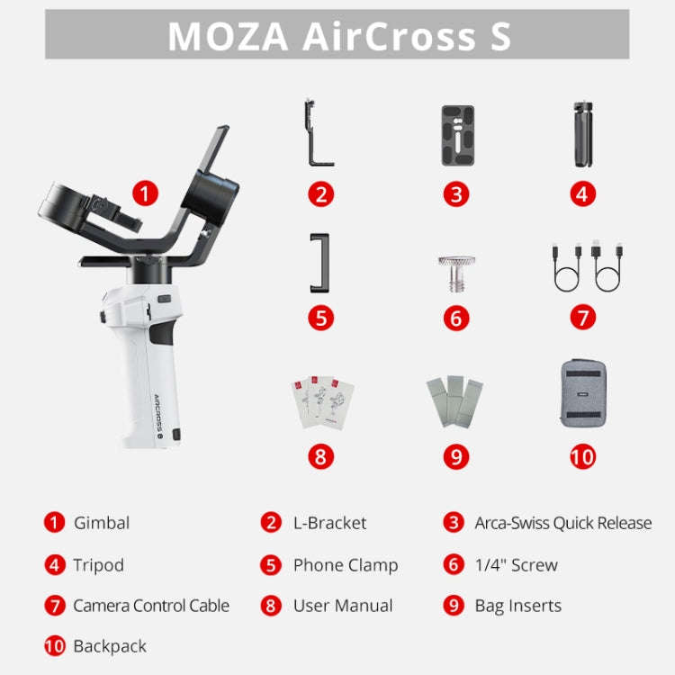 MOZA AirCross S 3 Axis Foldable Handheld Gimbal Stabilizer for DSLR Cameras and Smart Phone (White)