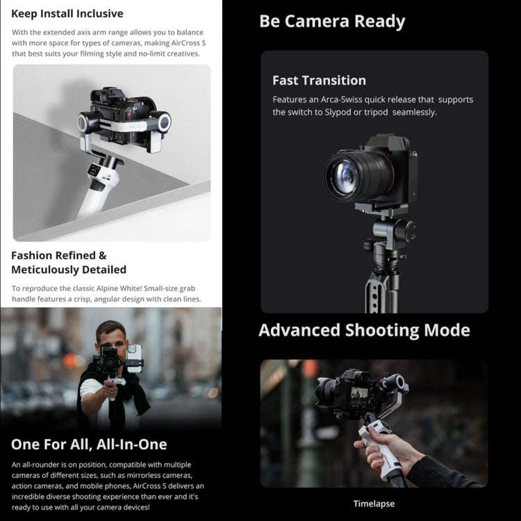 MOZA AirCross S 3 Axis Foldable Handheld Gimbal Stabilizer for DSLR Cameras and Smart Phone (White)