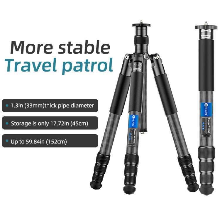 BEXIN W-334C Portable DSLR Camera 2 in 1 Carbon Fiber Tripod Detachable Monopod (Black)