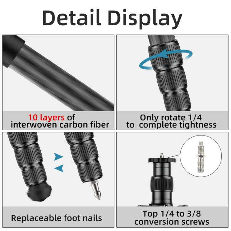 BEXIN W-334C Portable DSLR Camera 2 in 1 Carbon Fiber Tripod Detachable Monopod (Black)
