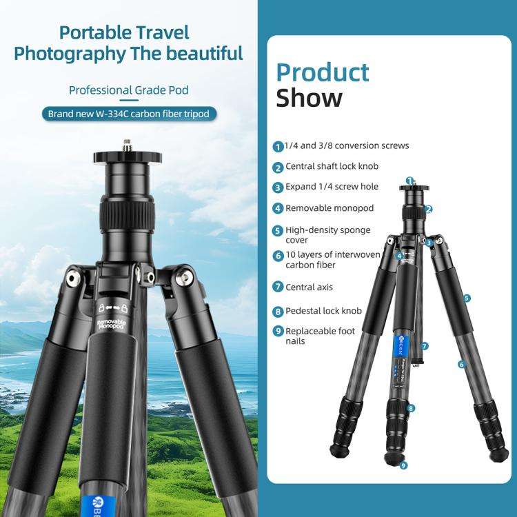 BEXIN W-334C Portable DSLR Camera 2 in 1 Carbon Fiber Tripod Detachable Monopod (Black)