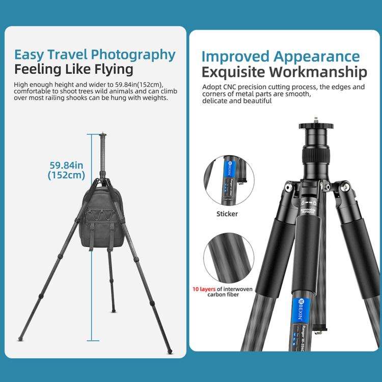 BEXIN W-334C Portable DSLR Camera 2 in 1 Carbon Fiber Tripod Detachable Monopod (Black)
