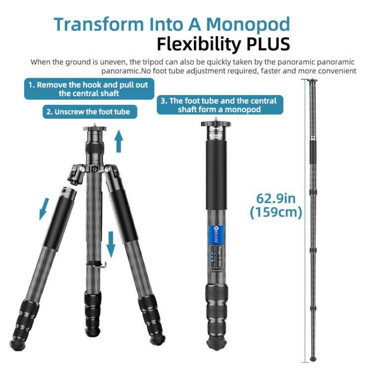 BEXIN W-334C Portable DSLR Camera 2 in 1 Carbon Fiber Tripod Detachable Monopod (Black)