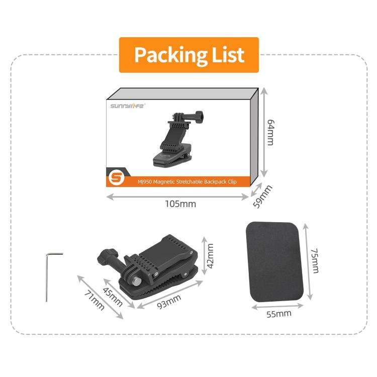 Sunnylife Stretchable Backpack Clip Rotatable Magnetic Mount Action Camera Holder Vlog Mount (Black)