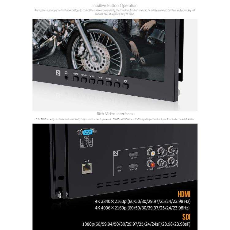 FEELWORLD D101 PLUS Dual 10.1 inch 4RU Rackmount Monitor 4K HDMI SDI 1920 x 1200 IPS Monitor (EU ...