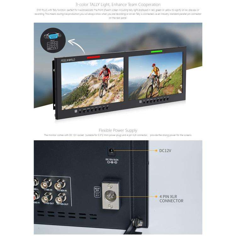 FEELWORLD D101 PLUS Dual 10.1 inch 4RU Rackmount Monitor 4K HDMI SDI 1920 x 1200 IPS Monitor (US ...