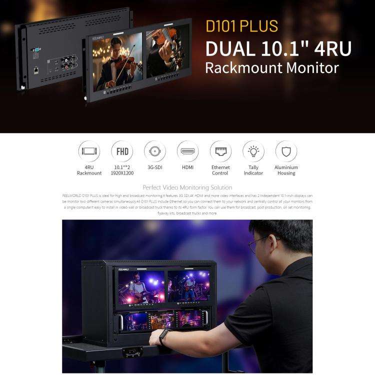 FEELWORLD D101 PLUS Dual 10.1 inch 4RU Rackmount Monitor 4K HDMI SDI 1920 x 1200 IPS Monitor (US ...