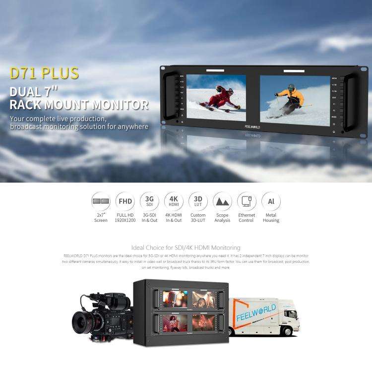 FEELWORLD D71 PLUS Dual 7 inch 3RU Rackmount Monitor 4K HDMI SDI 1920 x 1200 IPS Monitor (UK Plug)