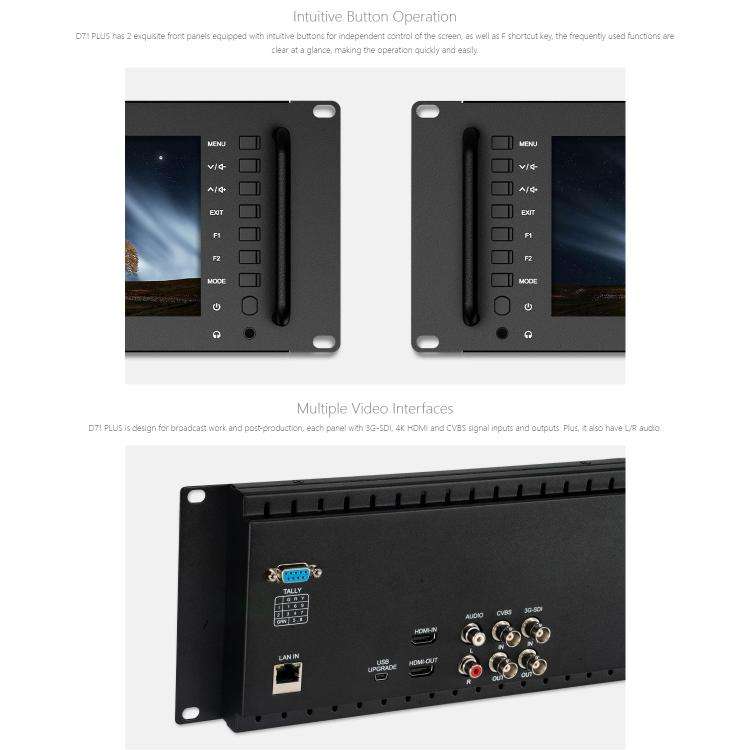 FEELWORLD D71 PLUS Dual 7 inch 3RU Rackmount Monitor 4K HDMI SDI 1920 x 1200 IPS Monitor (UK Plug)