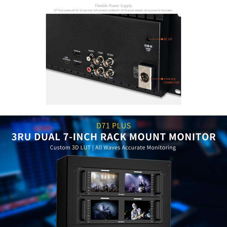 FEELWORLD D71 PLUS Dual 7 inch 3RU Rackmount Monitor 4K HDMI SDI 1920 x 1200 IPS Monitor (UK Plug)