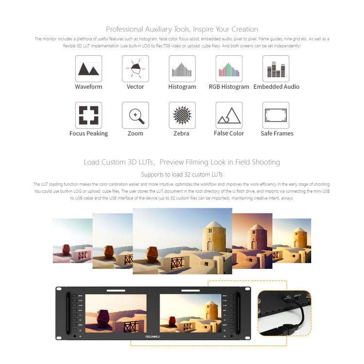 FEELWORLD D71 PLUS Dual 7 inch 3RU Rackmount Monitor 4K HDMI SDI 1920 x 1200 IPS Monitor (UK Plug)