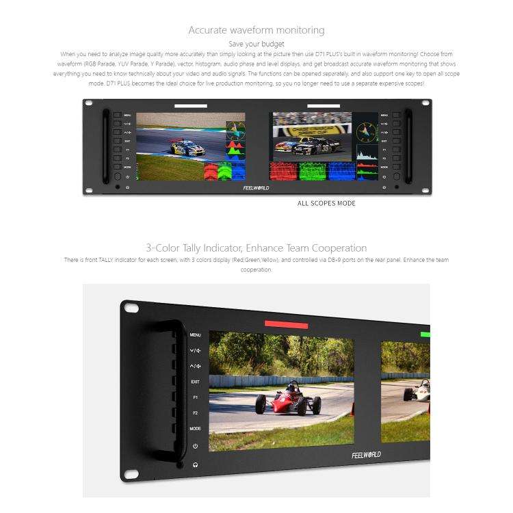 FEELWORLD D71 PLUS Dual 7 inch 3RU Rackmount Monitor 4K HDMI SDI 1920 x 1200 IPS Monitor (UK Plug)