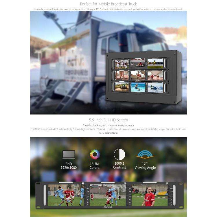 FEELWORLD T51 PLUS Triple 5.5 inch 2RU Rackmount Monitor Full HD 3G-SDI 4KHDMI AV Monitor (EU Plug)