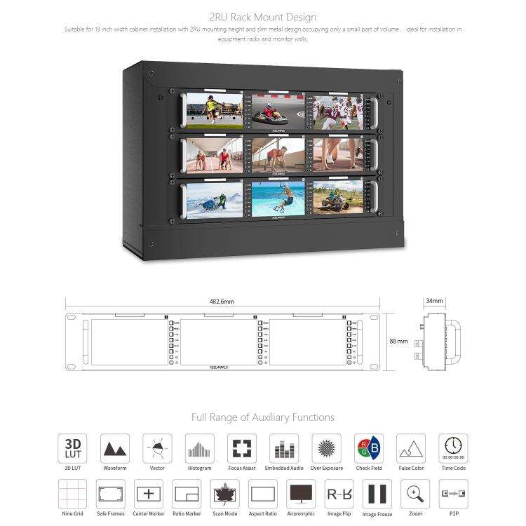 FEELWORLD T51 PLUS Triple 5.5 inch 2RU Rackmount Monitor Full HD 3G-SDI 4KHDMI AV Monitor (EU Plug)